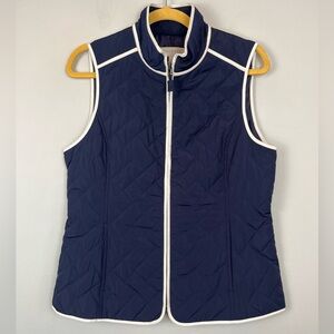 Talbots Outlet Quilted Navy Blue SMALL Vest White Piping Front Zip